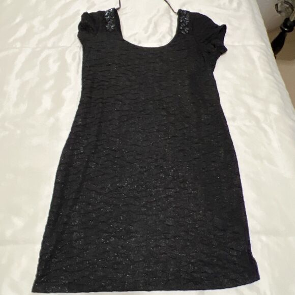 FREE PEOPLE Black Sparkle Sewn Beaded Lined Party Dress Going Out Scoop Back L - Picture 8 of 16